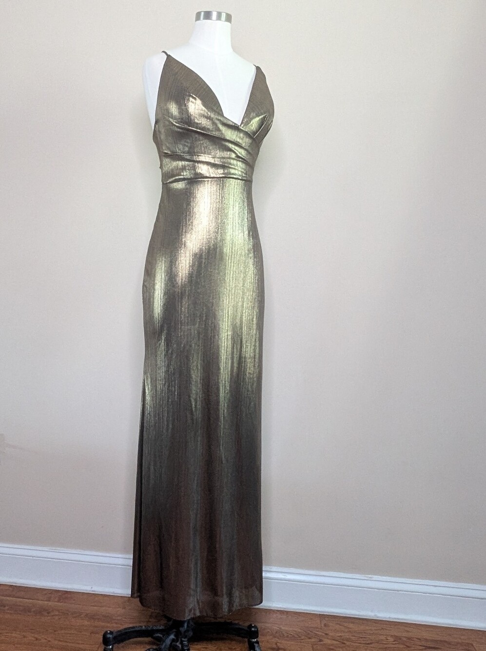 Mac Duggal Ieena Metallic Bronze Faux Wrap Spaghetti Strap Gown Dress Size 10